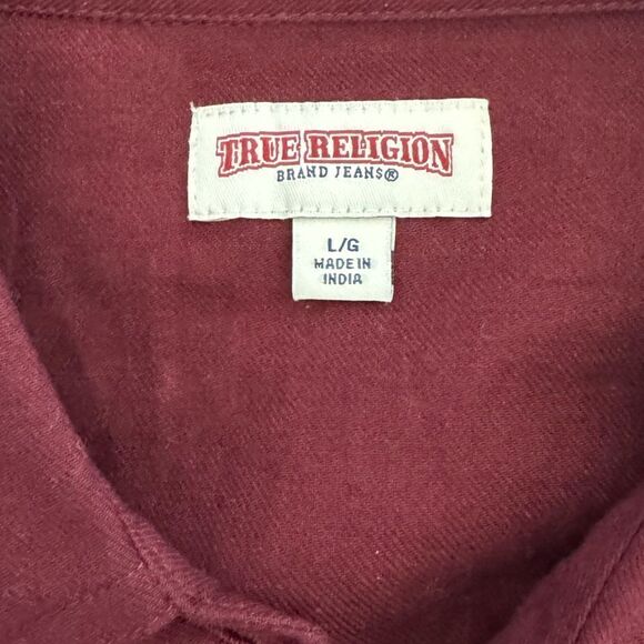 True Religion Utility Shirt Womens L Burgundy Long Sleeve Roll Tab Button Up NWT - Picture 6 of 11
